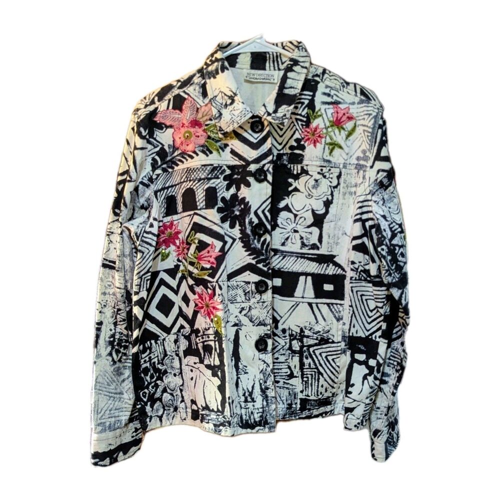 New Direction Womens L Art To Wear Black  White Floral Street Wear Jacket Cotton